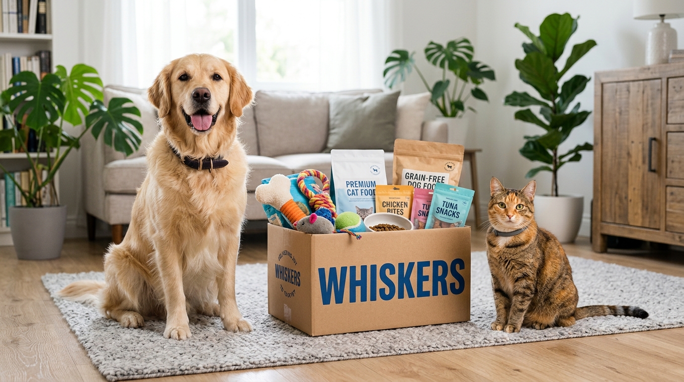 Perro y Gato felices con caja de combos Whiskers en Bogotá